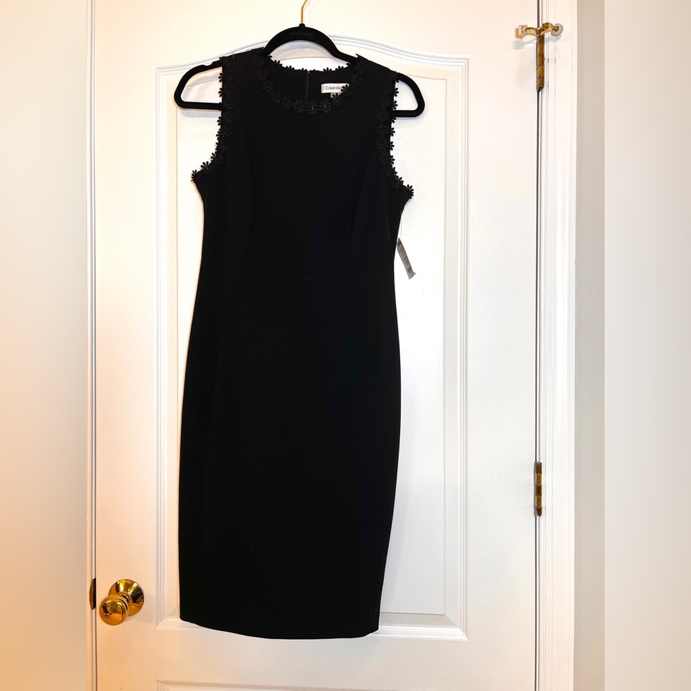 Calvin Klein | Little Black Pleated Dress with Floral Embroidery Sz. 6 NWT